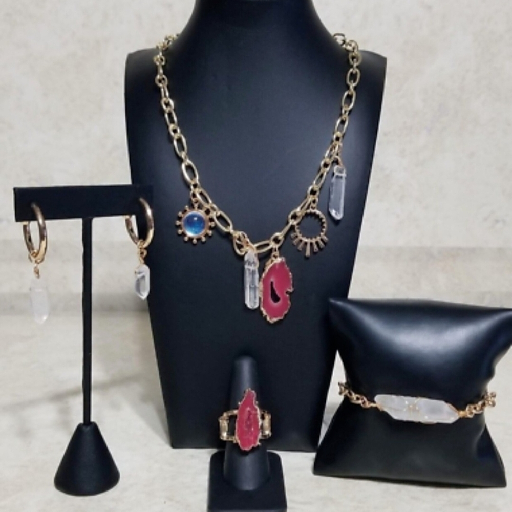 Gold-Tone Jewelry Set with Pink Geode & Clear Crystal Accents
